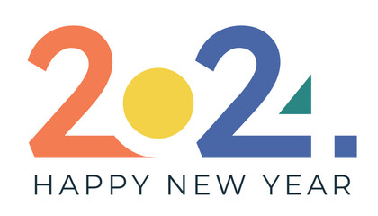 New Year's logo of stylized yellow sun and green spruce. Vector black text, circle, triangle and numbers 2024. Calendar date isolated on white background. Happy new year. Element for poster, card