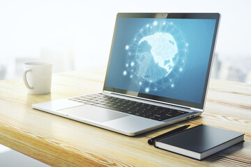 Fototapeta premium Digital America map on modern laptop screen, international trading concept. 3D Rendering
