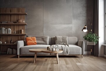 Interior of contemporary living room with wood flooring and a concrete wall. Couch made of gray fabric, a floor lamp, a coffee table with books and a vase. Generative AI