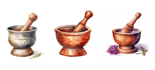 vintage mortar pestle watercolor ai generated - obrazy, fototapety, plakaty
