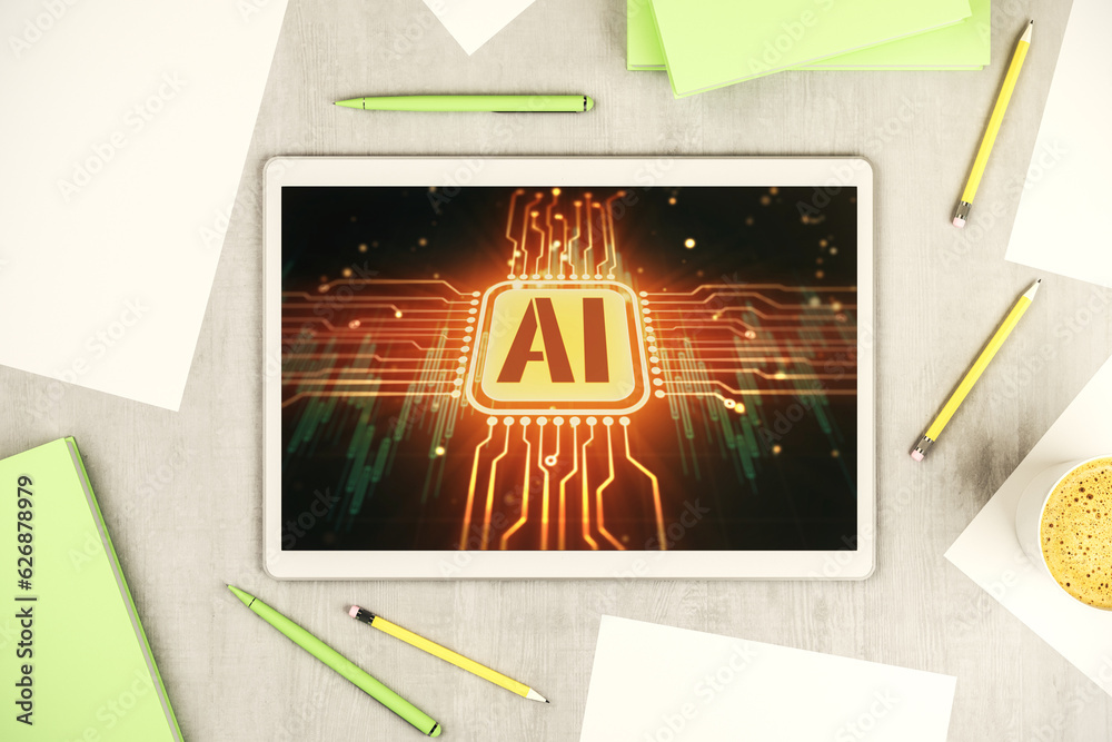 Leinwandbilder creative artificial intelligence symbol concept on modern digital tablet screen. top view. 3d render