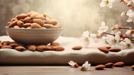 Fototapeta na wymiar Almond nuts in a bowl with almond blossoms, Generative AI