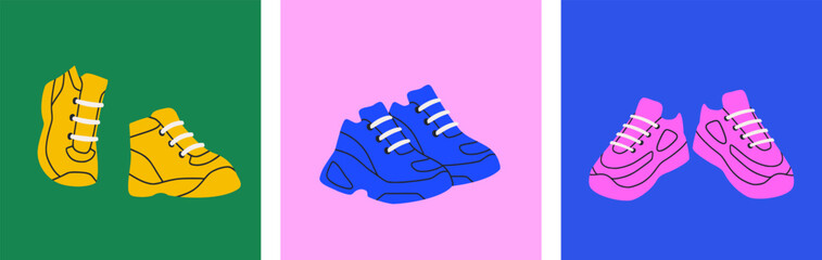 Chunky  sneakers. Platform trainers and bulky footwear. Dad shoes in bright neon colors. - obrazy, fototapety, plakaty