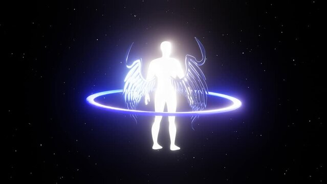light human with angel wings bulb in the dark space with glowing stars and hoop, shining spirituality aura abstract light sci-fi cyber human. 3d seamless animation looped