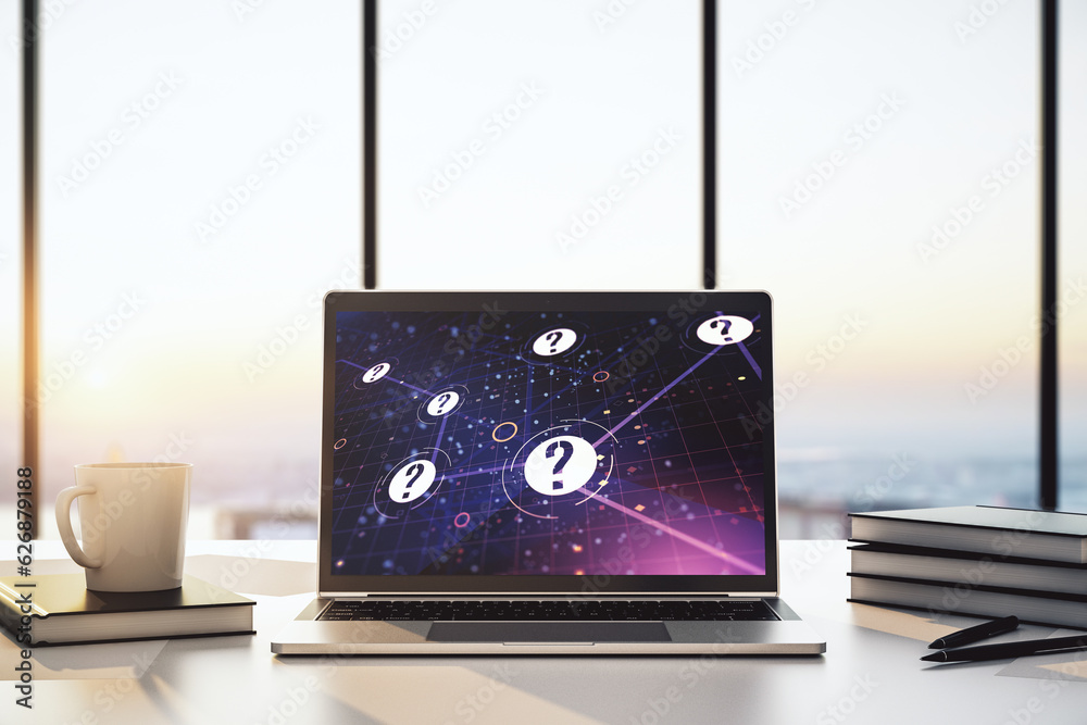 Aufkleber creative abstract question mark hologram on modern computer monitor, future technology concept. 3d r