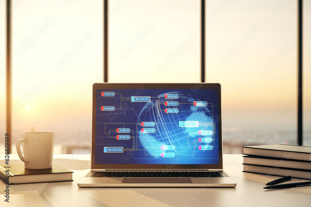 Leinwandbilder computer monitor with abstract creative programming illustration and world map, big data and blockch