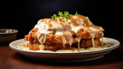 fried pork chops with melted mayonnaise on a plate, black background and blur