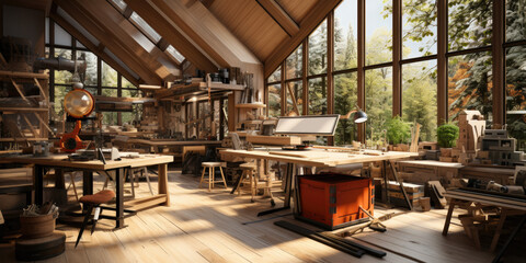 modern wood working room with tools, bright room with windows, woodworking workshop