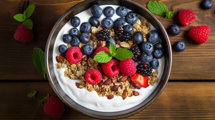 Healthy breakfast bowl with greek yogurt, oat granola and fruits.  Weight loss, healthy lifestyle and eating concept. Generative AI