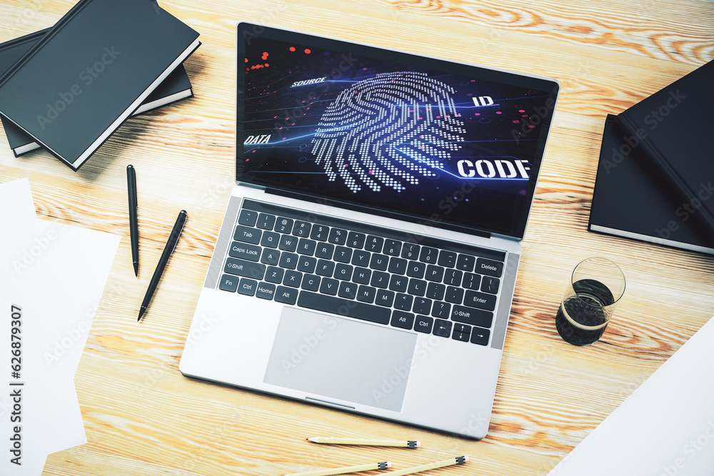 Aufkleber Computer monitor with abstract creative fingerprint illustration, personal biometric data concept. 3D Rendering