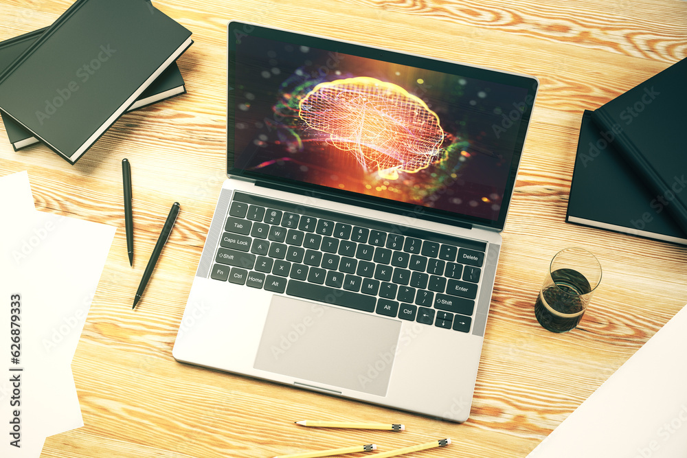 Poster modern computer display with creative human brain microcircuit. future technology and ai concept. 3d
