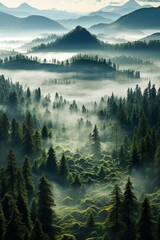 Generative AI, Misty fir forest beautiful landscape in hipster vintage retro style, foggy mountains and trees.