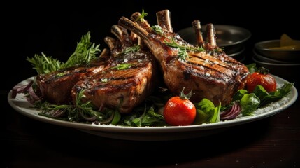 Grilled lamb chops with barbeque sauce on a plate with black and blurry background
