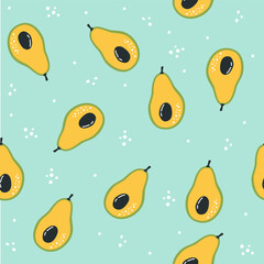 Seamless vector pattern. Juicy avocados and hearts. Pattern on blue background. High quality photo