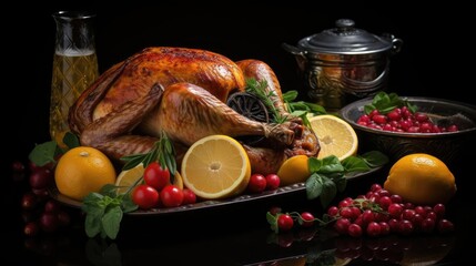 Grilled turkey with vegetables and fruits on a wooden table with a blurred background