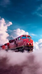 Red Locomotive Traveling Through Blue Clouds. Generative ai