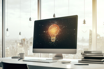 Modern computer monitor with creative light bulb hologram, research and development concept. 3D Rendering