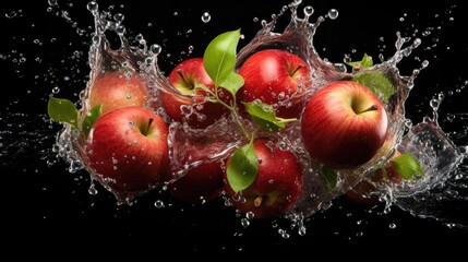 Fototapeta na wymiar fresh red apple hit by splashes of water with black blur background