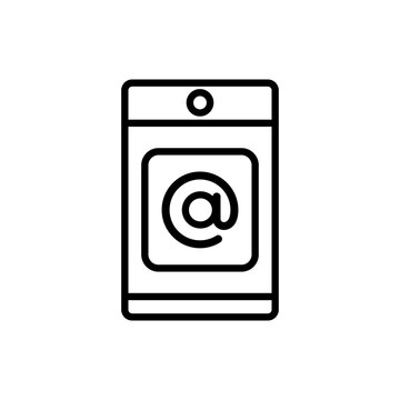 Smartphone screen with arroba sign linear icon. Mail app. Thin line illustration.