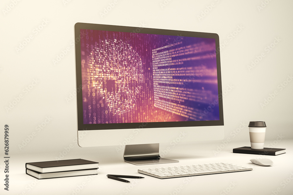 Poster Modern computer monitor with creative code skull hologram. Malware and cyber crime concept. 3D Rendering