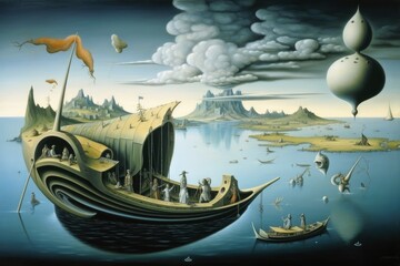 A surreal artwork of humans and landscapes created with generative AI technology.