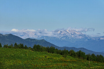 Big Thach mountain range. Summer landscape Mountain with rocky peak. Russia, Republic of Adygea, Big Thach Nature Park, Caucasus