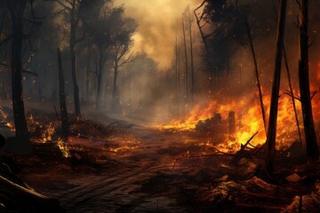 Fototapeta premium Tragic inferno ravages serene forest, Generative AI