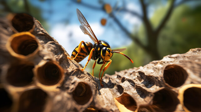 Gros plan sur un frelon asiatique posé un nid d'abeilles en été.