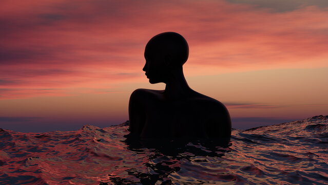 Black woman in the sea against the sunset. Woman without hair, bald girl in the water. 3d render