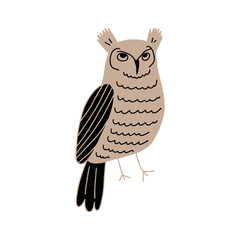 Cute hand drawn outlined owl. Forest bird. Perfect for t-shirt, apparel, cards, poster, nursery decoration. Vector Illustration