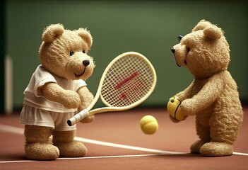 Teddy bears in sportswear play tennis on the court, hold rackets in their paws. AI Generated