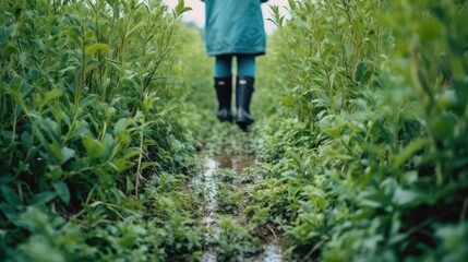 farmer walking walking in field green plants, Generative AI
