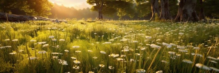 Sunny meadow photo realistic illustration - Generative AI.