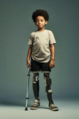 black kid with prosthetic legs trying to walk again, rehabilitation
