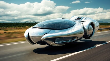 Obraz na płótnie Canvas Futuristic design of a flying car with polished stainless steel body and toned blue cockpit glass