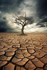 Silhouette of a dead bare tree standing on a cracked dry soil under dramatic dark cloudy sky