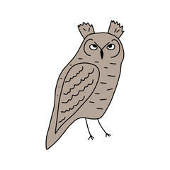 Cute hand drawn outlined owl. Forest bird. Perfect for t-shirt, apparel, cards, poster, nursery decoration. Vector Illustration