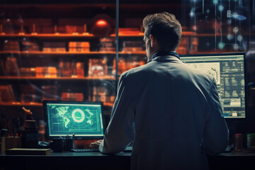 A doctor, from behind, intently studying a patient's chart on a computer screen, with shelves of medical textbooks and supplies in the background. Generative AI