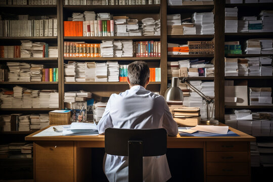 A doctor, from behind seated at a desk with a laptop, reviewing test results and making notes, with medical journals and research papers stacked up on the desk and a stethoscope ha Generative AI