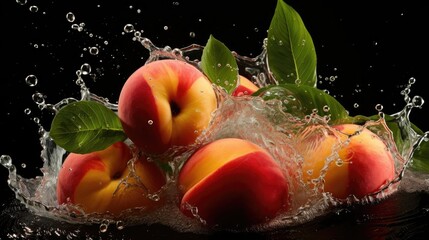 flying fresh peaches hit by water splash on black background and blur