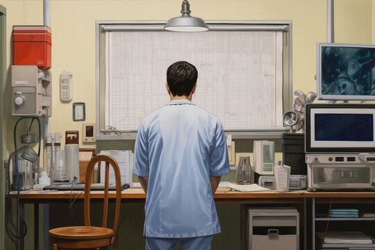 A doctor, viewed from behind, performing a physical examination on a patient in an examination room, with medical equipment and supplies on nearby shelves and a chart on the wall. Generative AI