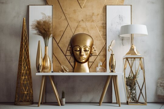 Interior of contemporary and eclectic room with abstractly painted walls, head sculpture in gold mock up frame, pyramid, and vase with leaves. A beautiful setting with design accents. eclectic interio