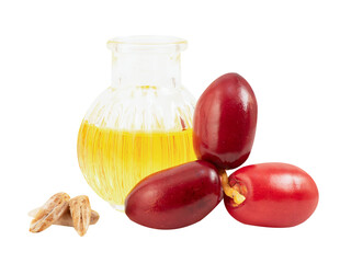 Volatile oil from seeds of date palm fruits on transparent background.