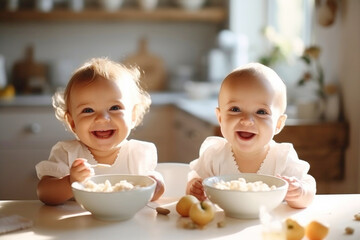 Portrait of happy carefree satisfied twin babies sitting in feeding chairs and eating porridge - obrazy, fototapety, plakaty