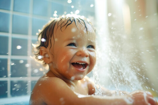 Portrait of happy smiling beautiful satisfied baby taking a bath with splashing water drops