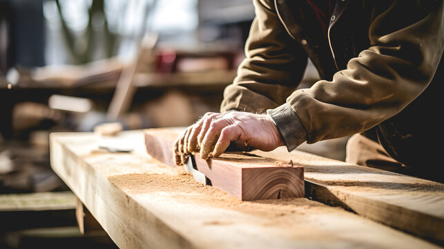 Un menuisier en train de travailler une planche de bois.