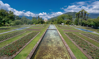 Fototapeta premium Flower beds in the Botanical Gardens of Villa Taranto, Verbania, Lake Maggiore, Piedmont, Italy.