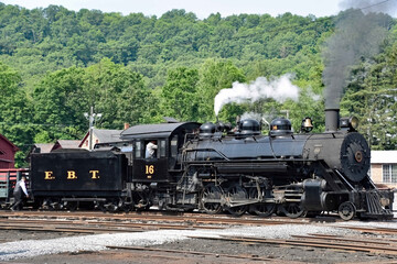 East Broad Top Railroad locomotive #16 steams up for another day of excursion trains at Rockhill Furnace, PA on June 11, 2023 