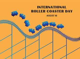 International roller coaster day with the silhouette of a roller coaster in blue on a yellow background