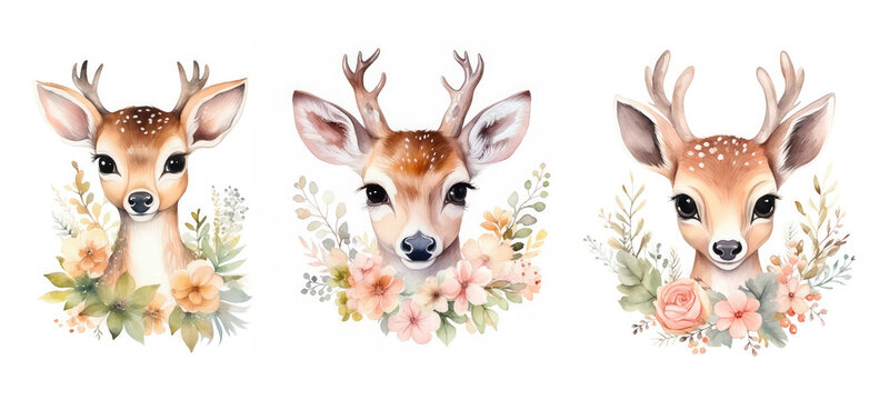 fawn cute deer floral watercolor ai generated